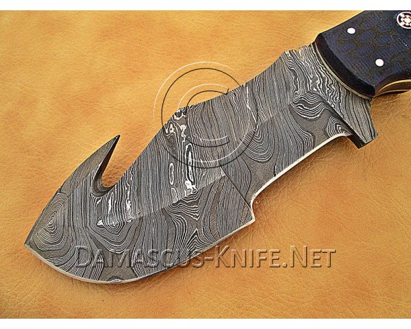 Custom Handmade Damascus Steel Gut Hook Full Tang Hunting and Survival Tracker Knife