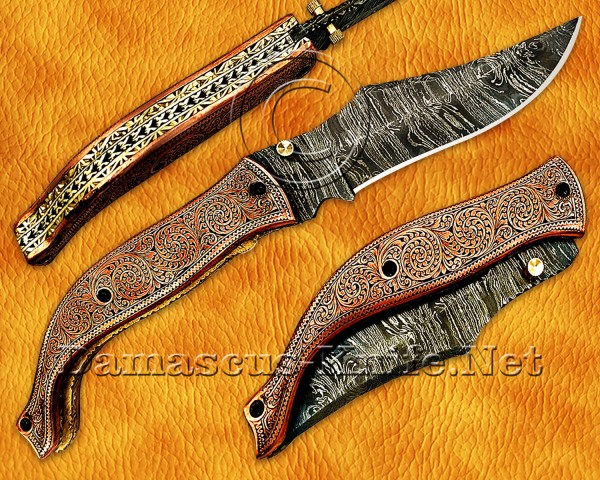 Personalized Engraving Handmade Damascus Steel Arts and Crafts Pocket Folding Knife Copper Handle