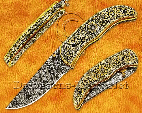 Personalized Engraving Handmade Damascus Steel Arts and Crafts Pocket Folding Knife Brass Handle