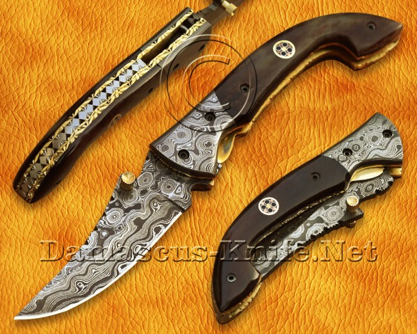 Handmade Damascus Steel Hunting and Survival Folding Knife Bone Handle DFK763