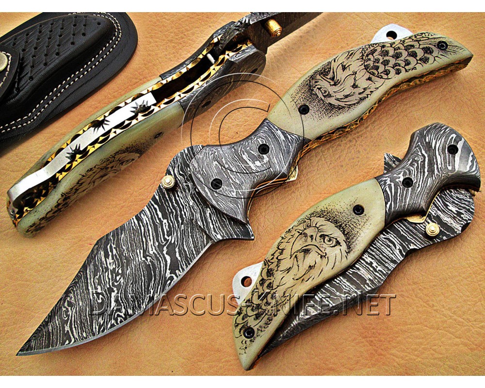 Scrimshaw Damascus Steel Collectible Folding Knife Bone Handle DFK770