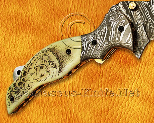 Scrimshaw Damascus Steel Hunting and Survival Folding Knife Bone Handle DFK770