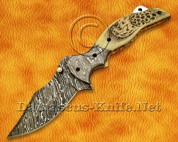 Scrimshaw Damascus Steel Hunting and Survival Folding Knife Bone Handle DFK770