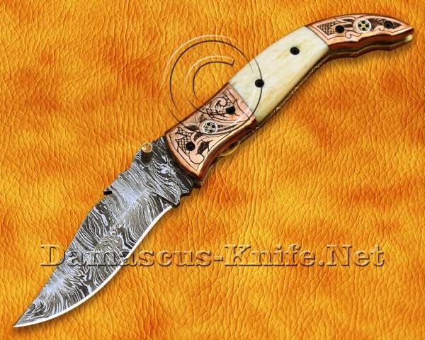 Handmade Stainless Steel Damascus Collectible Folding Knife Camel Bone DFK772
