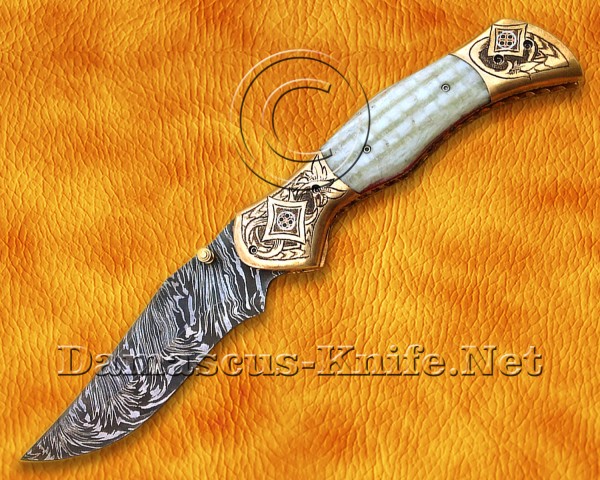 Custom Handmade Damascus Steel Arts and Crafts Pocket Folding Knife Camel Bone