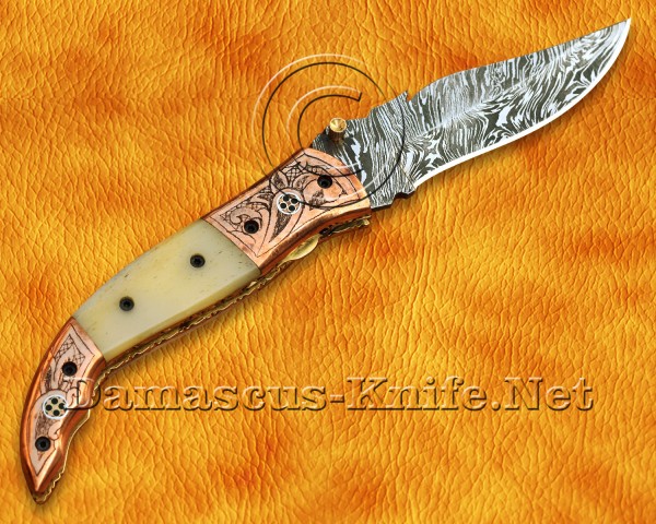 Custom Handmade Damascus Steel Hunting and Survival Folding Knife Camel Bone DFK807