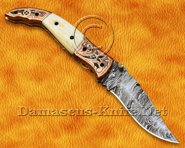Custom Handmade Damascus Steel Hunting and Survival Folding Knife Camel Bone DFK807