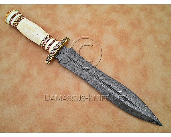 Custom Handmade Damascus Steel Hunting and Survival Dagger Knife Bone Handle