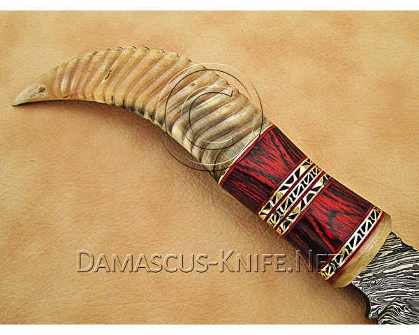 Custom Handmade Damascus Steel Hunting and Survival Bowie Knife Ram Horn Handle