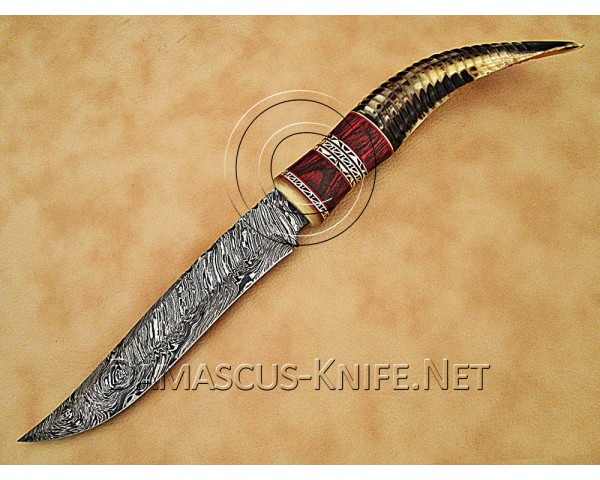 Custom Handmade Damascus Steel Hunting and Survival Bowie Knife Ram Horn Handle