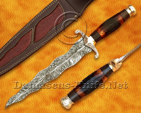 Custom Handmade Damascus Steel Hunting and Survival Kris Dagger Knife Stag Horn Handle