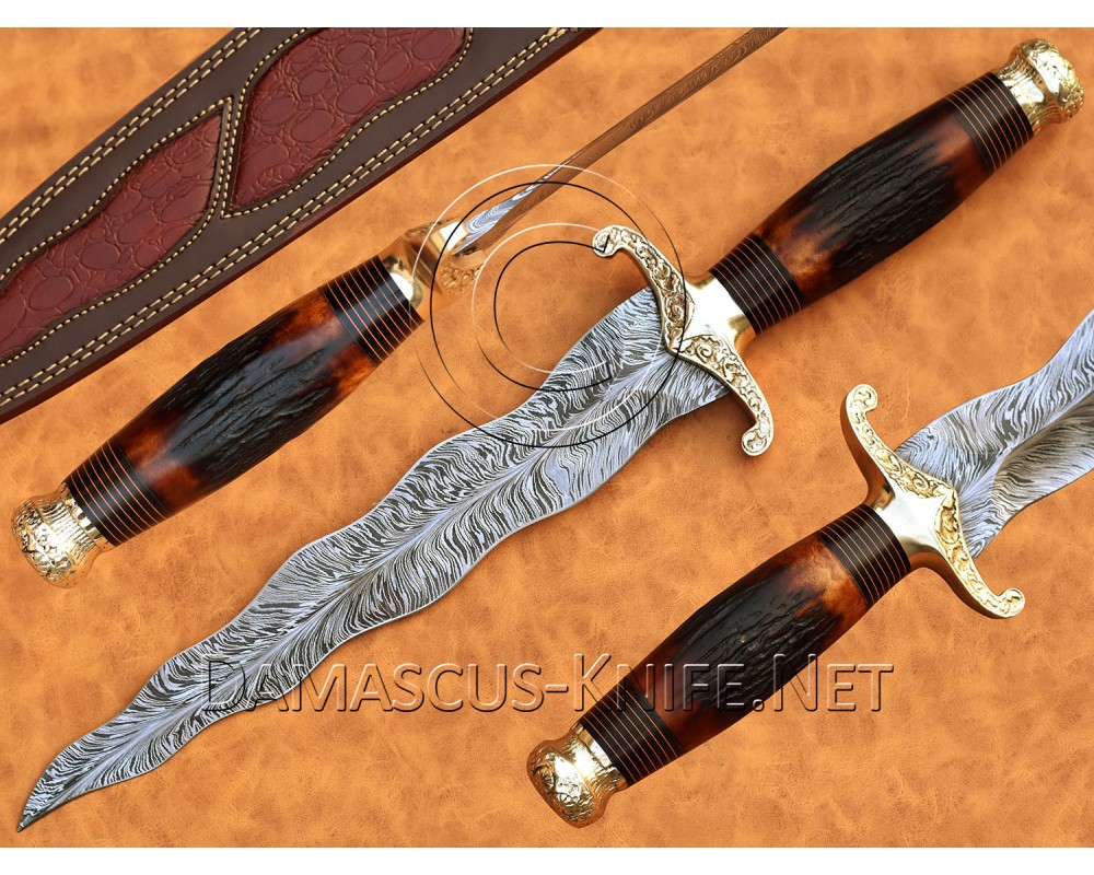 Handmade Feather Damascus Steel Collectible Kris Dagger Knife DHK913