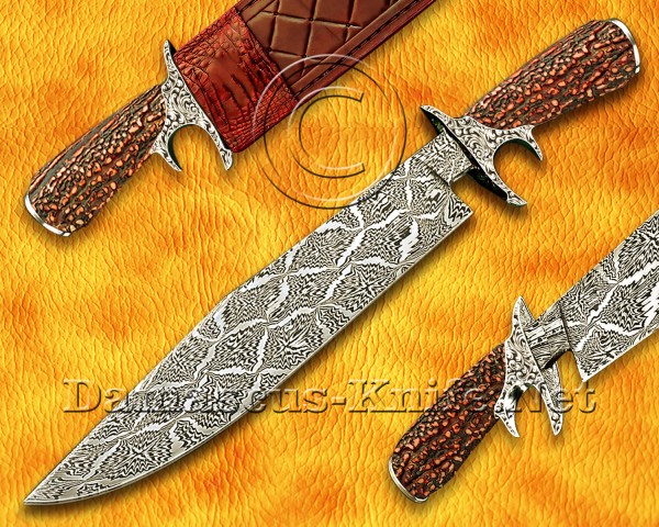 Custom Damascus Steel Mosaic Blade Hand Engraved Handmade Hunting and Survival Bowie Knife Stag Handle