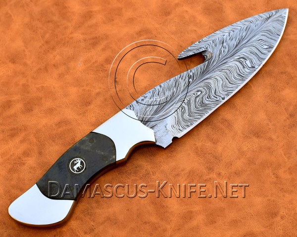 Custom Handmade Damascus Steel Full Tang Gut Hook Skinner Hunting and Survival Knife