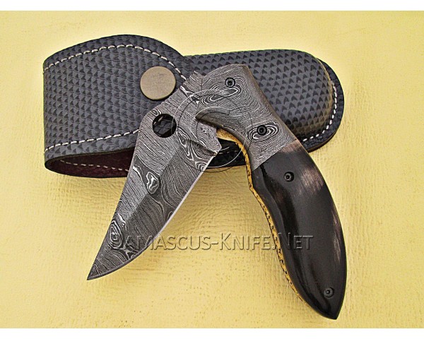 Handmade Damascus Steel Collectible Folding Knife Horn Handle DFK762