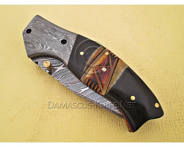 Handmade Damascus Steel Collectible Folding Knife Horn Handle DFK769