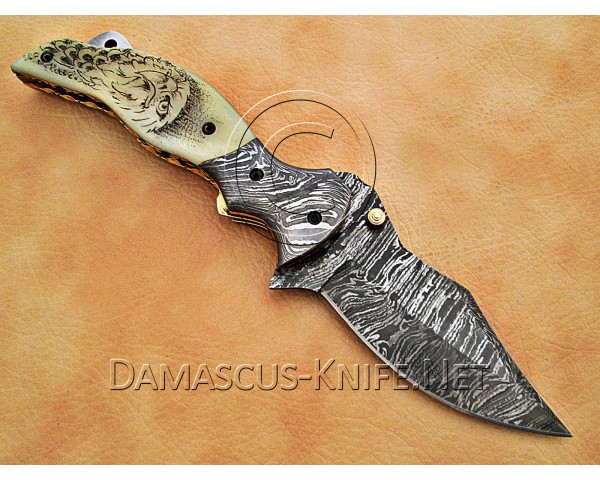 Scrimshaw Damascus Steel Collectible Folding Knife Bone Handle DFK770