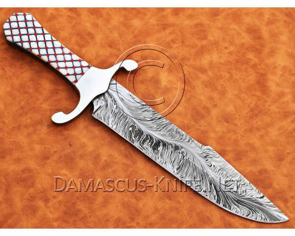 Custom Handmade Damascus Steel Pearl Bob Loveless Coffin Hunting Knife DHK958