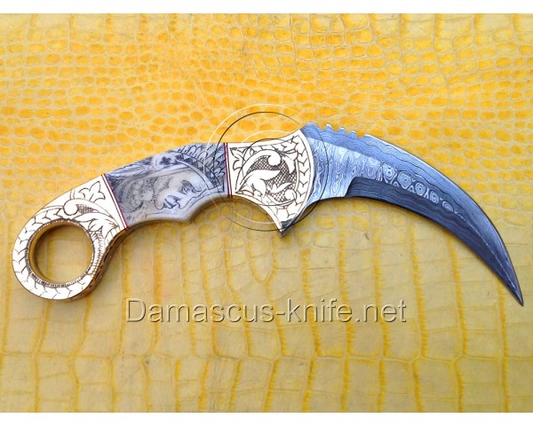 Scrimshaw Handmade Damascus Karambit Knife - Camel Bone (ARS-721)