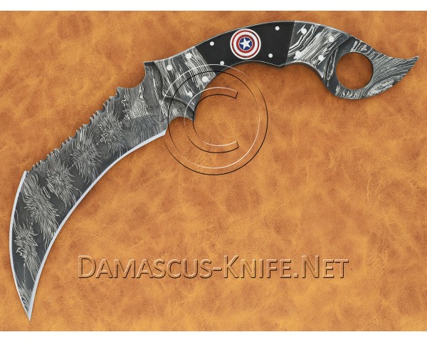 Full Tang Handmade Big Damascus Karambit Knife USA Shield Mosaic Pin ARS-720