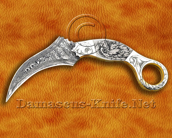 Scrimshaw Handmade Damascus Steel Karambit Knife - Camel Bone (ARS-722)