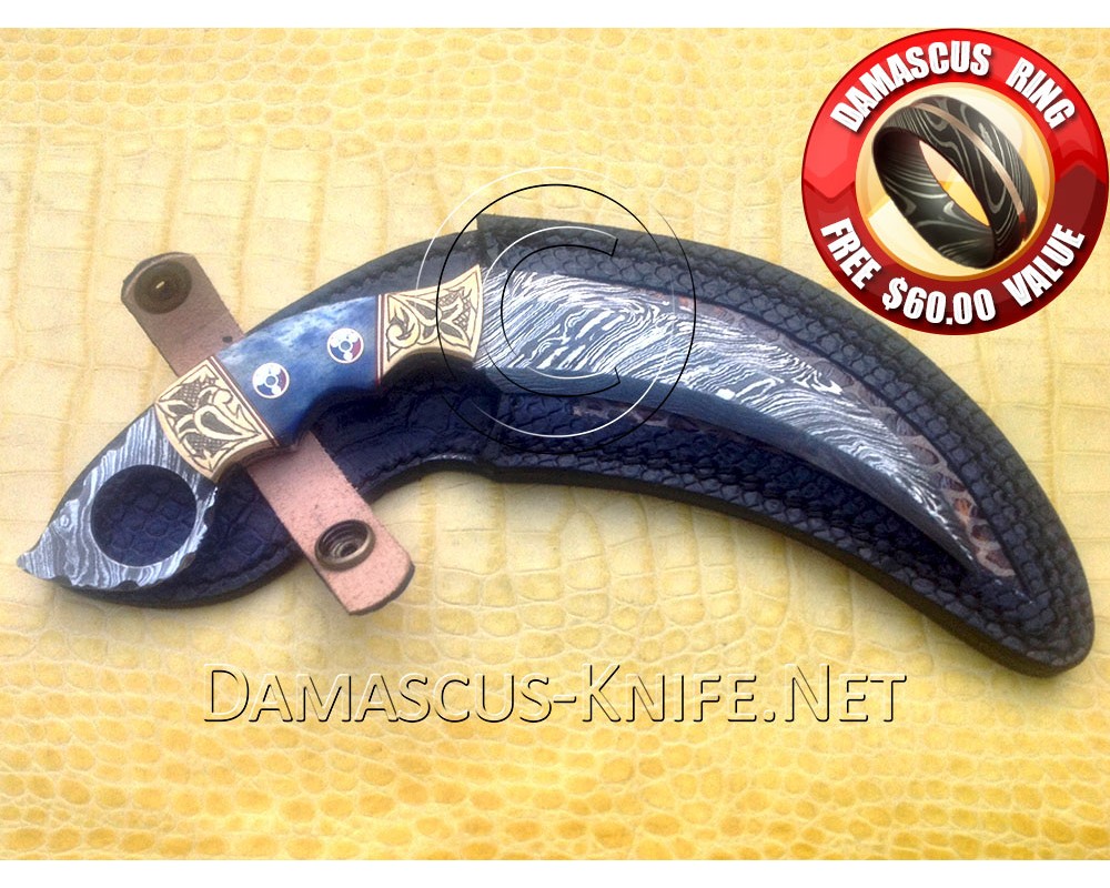 Full Tang Custom Handmade Damascus Karambit Knife - Camel Bone (ARS-725)