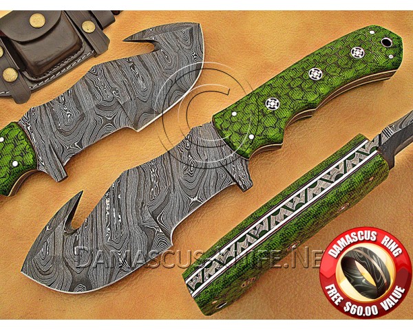 Personalized Handmade Damascus Steel Gut Hook Arts and Crafts Hunting and Survival Tracker Knife