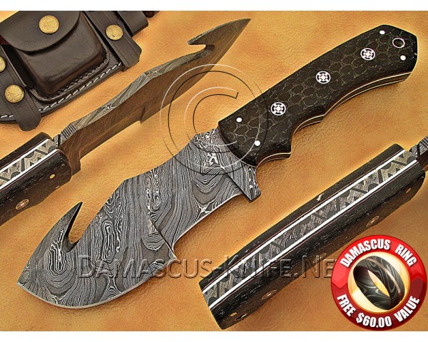 Personalized Handmade Damascus Steel Gut Hook Arts and Crafts Hunting and Survival Tracker Knife