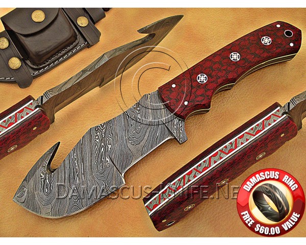 Personalized Handmade Damascus Steel Gut Hook Arts and Crafts Hunting and Survival Tracker Knife