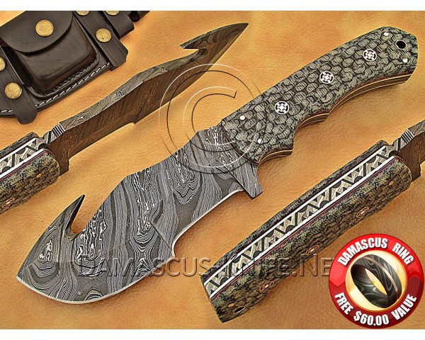 Personalized Handmade Damascus Steel Gut Hook Arts and Crafts Hunting and Survival Tracker Knife