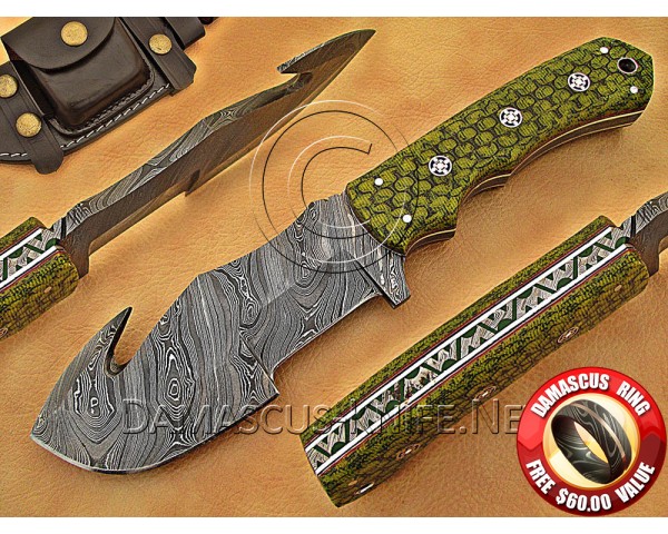 Personalized Handmade Damascus Steel Gut Hook Arts and Crafts Hunting and Survival Tracker Knife