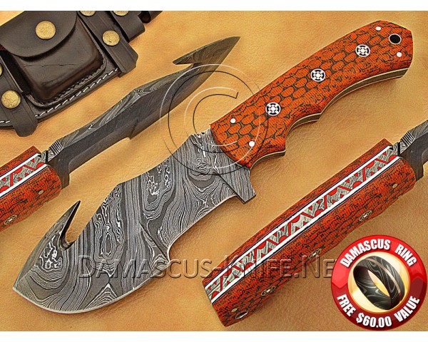 Personalized Handmade Damascus Steel Gut Hook Arts and Crafts Hunting and Survival Tracker Knife