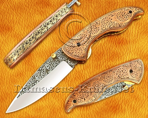 Personalized Hand Engraved Stainless Steel Arts and Crafts Pocket Folding Knife Copper Handle