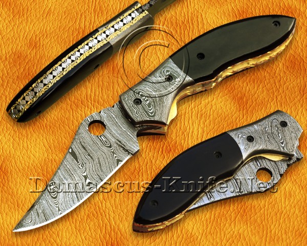 Personalized Handmade Damascus Steel Arts and Crafts Pocket Folding Knife Bull Horn Handle