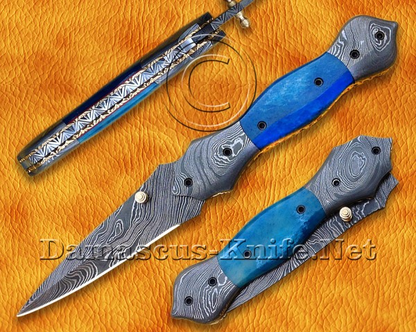 Personalized Handmade Damascus Steel Arts and Crafts Pocket Folding Knife Bone Handle