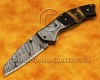 Personalized Handmade Damascus Steel Arts and Crafts Pocket Folding Knife Bull Horn Handle