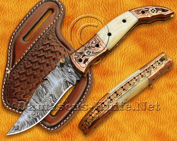 Personalized Handmade Damascus Steel Arts and Crafts Pocket Folding Knife Horn and Bone Handle