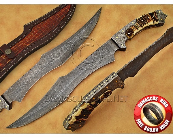 Personalized Handmade Damascus Steel Hunting and Survival Arts and Crafts Bowie Knife Stag Handle