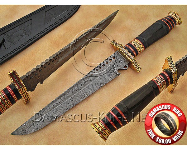 Personalized Handmade Damascus Steel Arts and Crafts Hunting and Survival Bowie Knife Horn Handle