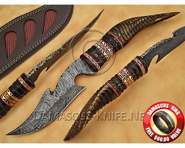 Personalized Handmade Damascus Steel Arts and Crafts Hunting and Survival Gut Hook Bowie Knife Horn Handle