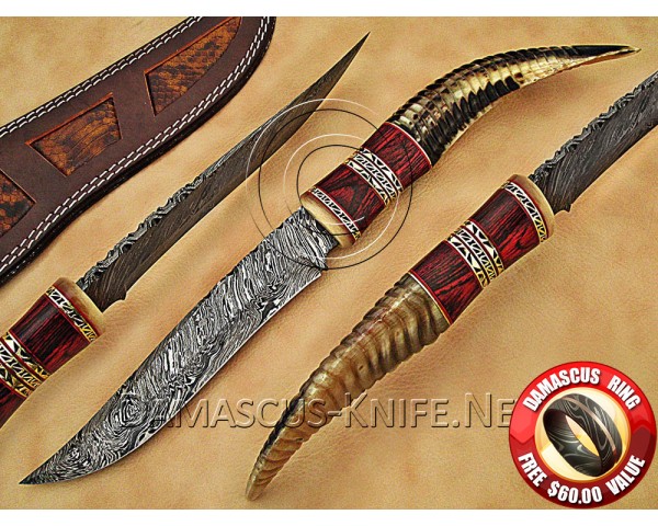 Personalized Handmade Damascus Steel Hunting and Survival Arts and Crafts Bowie Knife Ram Horn Handle