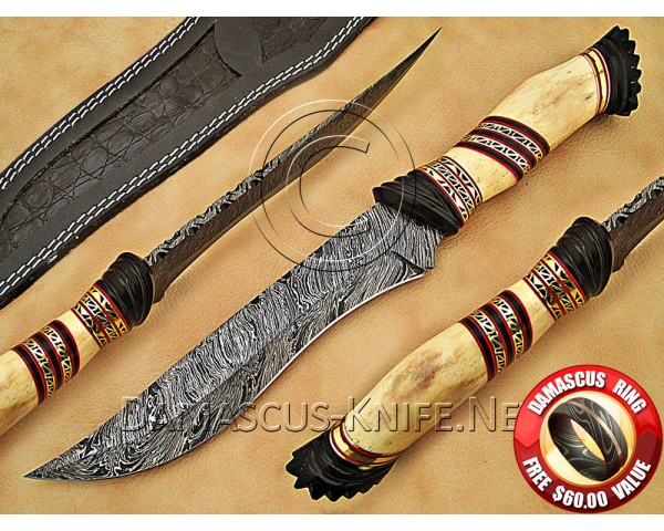 Personalized Handmade Damascus Steel Arts and Crafts Hunting and Survival Bowie Knife Bone Handle