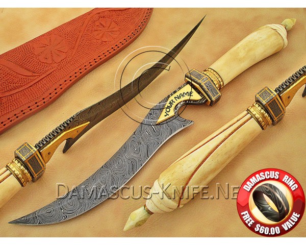 Personalized Handmade Damascus Steel Arts and Crafts Hunting and Survival Bowie Knife Bone Handle