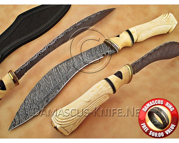 Personalized Handmade Damascus Steel Arts and Crafts Hunting and Survival Kukri Knife Bone Handle