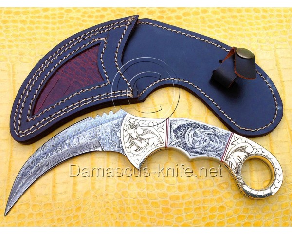 Personalized Scrimshaw Handmade Damascus Steel Arts and Crafts Hunting and Survival Karambit Knife